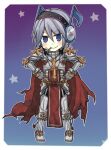  1boy armor armored_boots bangs blue_background boots breastplate cape chibi closed_mouth commentary_request eyebrows_visible_through_hair flower flower_in_mouth full_body gauntlets gradient gradient_background grey_hair hair_between_eyes headphones leg_armor looking_at_viewer lowres musical_note pauldrons poring purple_background ragnarok_online red_cape reona_amane rune_knight_(ragnarok_online) short_hair shoulder_armor smile solo spiked_pauldrons standing star_(symbol) white_flower 