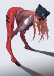  1girl absurdres baseball_cap bent_over black_headwear blue_eyes bodysuit closed_mouth commentary evangelion:_3.0_you_can_(not)_redo eyepatch full_body grey_background hair_between_eyes hat hat_pin highres horned_headwear igawa_(460180189) jacket long_hair neon_genesis_evangelion one_eye_covered orange_hair plugsuit rebuild_of_evangelion red_bodysuit red_jacket shadow simple_background skin_tight solo souryuu_asuka_langley standing 