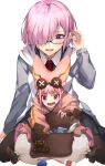  2girls bag baggy_clothes baggy_pants black-framed_eyewear black_shirt blush brown_legwear collared_shirt commentary_request eyebrows_visible_through_hair fate/grand_order fate_(series) glasses grey_jacket habetrot_(fate) hair_over_one_eye hat herigaru_(fvgyvr000) highres hood hood_down hooded_jacket jacket light_purple_hair long_hair long_sleeves mash_kyrielight multiple_girls necktie one_eye_covered open_clothes open_jacket open_mouth pants pantyhose pink_eyes pink_hair pink_headwear pointy_ears purple_eyes red_neckwear satchel shirt short_hair sidelocks simple_background sitting sitting_on_person size_difference smile teeth white_background 