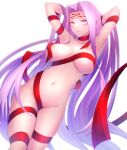  1girl absurdres armpits arms_behind_head arms_up bangs blush breasts collarbone facial_mark fate/stay_night fate_(series) forehead forehead_mark highres large_breasts long_hair looking_at_viewer medusa_(fate) medusa_(rider)_(fate) minami_koyogi naked_ribbon navel parted_bangs purple_eyes purple_hair red_ribbon ribbon sidelocks simple_background solo square_pupils thighs very_long_hair 