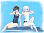  2girls bangs bare_shoulders black_eyes black_hair blue_swimsuit blush bukimi_isan collarbone foot_out_of_frame foreshortening frown gloves hand_up hands_up highres holding_strap looking_down momijiyama_teru multiple_girls no_shoes one-piece_swimsuit open_mouth school_swimsuit shiny shiny_clothes shiny_hair short_hair shy_(character) shy_(series) sitting swept_bangs swimsuit thighhighs tongue tongue_out water white_gloves white_hair white_swimsuit 
