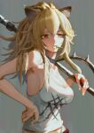  1girl animal_ears arknights armpits biting black_choker blonde_hair breasts candy chilakkk choker cleavage clenched_teeth commentary expressionless eyebrows_visible_through_hair food grey_background hammer hand_on_hip highres holding holding_weapon large_breasts lion_ears lips lollipop long_hair mouth_hold ponytail sideboob siege_(arknights) simple_background sledgehammer sleeveless solo spikes studded_choker tank_top teeth traditional_media upper_body weapon white_tank_top yellow_eyes 
