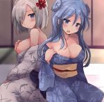  2girls absurdres bare_shoulders blue_eyes blue_hair blue_kimono blush breasts cleavage collarbone covering covering_breasts double_bun eyebrows_visible_through_hair hair_ornament hair_over_one_eye hairclip hamakaze_(kancolle) heart highres hirune_(konekonelkk) japanese_clothes kantai_collection kimono large_breasts long_hair long_sleeves multiple_girls obi open_mouth print_kimono sash short_hair silver_hair sitting speech_bubble tareme tatami urakaze_(kancolle) white_kimono wide_sleeves yokozuwari yukata 