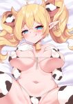  1girl absurdres animal_ears animal_print bell bikini blonde_hair blue_eyes blush breast_suppress breasts cameltoe charlotte_(evangeline) choker covered_nipples cow_ears cow_horns cow_print cowbell ear_tag elf evangeline_(lewdweather) fake_animal_ears fake_horns front-tie_bikini front-tie_top highres horns large_breasts licking_lips long_hair micro_bikini naughty_face navel neck_bell on_bed original pointy_ears rayno short_stack smile solo spread_legs sweat swimsuit thighhighs tongue tongue_out twintails v-shaped_eyebrows 