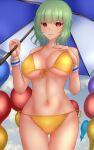 1girl alternate_costume ascot balloon bangs bikini blue_umbrella breasts cleavage closed_mouth cowboy_shot eyebrows_visible_through_hair green_hair hand_on_own_chest highres holding holding_umbrella kazami_yuuka large_breasts looking_at_viewer midriff multicolored_umbrella navel red_eyes short_hair shounen_(hogehoge) skirt smile solo standing swimsuit touhou touhou_lost_word two-tone_umbrella umbrella white_umbrella wrist_cuffs yellow_bikini yellow_neckwear 