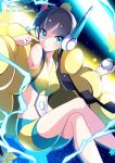  1girl absurdres bangs black_hair blue_eyes blunt_bangs blush body_blush breasts collarbone commentary crossed_legs elesa_(pokemon) fur_jacket gym_leader hands_up headphones highres holding holding_poke_ball jacket miyama-san open_clothes open_jacket parted_lips poke_ball poke_ball_(basic) pokemon pokemon_(game) pokemon_bw2 shiny shiny_skin short_hair_with_long_locks sidelocks solo star_(symbol) twitter_username yellow_jacket 