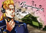  1boy bad_company_(stand) blonde_hair diamond_wa_kudakenai dust_cloud earrings flattop gakuran ground_vehicle highres jewelry jojo_no_kimyou_na_bouken male_focus military military_vehicle motor_vehicle nijimura_keicho parachute school_uniform solo somechime_(sometime1209) speed_lines stand_(jojo) tank twitter_username upper_body yellow_eyes 