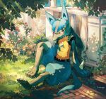  arm_support commentary_request day flower full_body furry gen_4_pokemon grass highres looking_to_the_side lucario nagakura_(seven_walkers) outdoors pokemon pokemon_(creature) red_eyes signature sitting solo spikes toes yellow_fur 