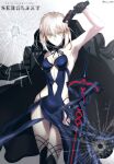  1girl aiming_at_viewer arm_up armpits artoria_pendragon_(alter_swimsuit_rider)_(fate) artoria_pendragon_(fate) bangs bare_shoulders black_gloves black_jacket blonde_hair braid breasts bullet_hole closed_mouth clothing_cutout commentary_request copyright_name dress excalibur_morgan_(fate) expressionless eyebrows_visible_through_hair fate/grand_order fate_(series) foo_(pixiv54892036) french_braid gloves gun hair_between_eyes highres holding holding_gun holding_weapon jacket looking_at_viewer medium_breasts navel navel_cutout pale_skin pelvic_curtain removing_jacket revolver short_hair sidelocks sleeveless sleeveless_dress solo sword twitter_username weapon yellow_eyes 