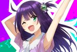  1girl ;d ahoge arms_up bangs fujigami_hina hero-san_to_moto_onna_kanbu-san highres one_eye_closed one_side_up open_mouth purple_hair smile solo somechime_(sometime1209) star_(symbol) 