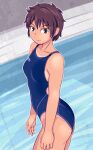  1girl bangs black_eyes blue_swimsuit breasts brown_hair closed_eyes commentary_request competition_swimsuit cowboy_shot from_side one-piece_swimsuit original short_hair small_breasts smile solo swimsuit tan tanaka_rikimaru tanlines tomboy very_short_hair 