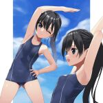  1girl alternate_hairstyle asashio_(kancolle) black_hair blue_eyes blue_sky blue_swimsuit cloud commentary_request cowboy_shot exercise flat_chest highres kantai_collection kuronaga long_hair looking_at_viewer multiple_views ponytail school_swimsuit sky standing stretch swimsuit upper_body 