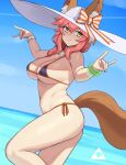  1girl :3 animal_ear_fluff animal_ears arched_back ass bangle bangs bikini blue_sky bracelet breasts closed_mouth commentary day donburi_(donburikazoku) ears_through_headwear eyelashes fate/grand_order fate_(series) foreshortening fox_ears fox_shadow_puppet fox_tail from_side hair_between_eyes hands_up hat hat_ribbon highres horizon jewelry large_breasts micro_bikini navel necklace ocean outdoors pink_hair ribbon side-tie_bikini sky smile solo standing standing_on_one_leg string_bikini striped striped_ribbon sun_hat swimsuit tail tamamo_(fate) tamamo_no_mae_(swimsuit_lancer)_(fate) thighs underboob water white_headwear yellow_eyes 