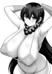  1girl absurdres armpits arms_behind_head arms_up bangs bare_shoulders bead_necklace beads bikini blush breasts bridal_gauntlets cleavage detached_sleeves earrings fate/grand_order fate_(series) greyscale hair_between_eyes highres hoop_earrings jewelry kanno_takanori large_breasts long_hair looking_at_viewer monochrome navel necklace prayer_beads smile solo swimsuit xuangzang_sanzang_(fate) 