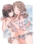  2girls :d ^_^ absurdres bangs bikini blush breasts brown_hair closed_eyes cowboy_shot eyebrows_visible_through_hair floral_print gocoli hair_ornament hair_scrunchie hairpin halter_top halterneck hands_on_another&#039;s_shoulders hands_up highres higuchi_madoka hug ichikawa_hinana idolmaster idolmaster_shiny_colors looking_at_another medium_breasts mole mole_under_eye multiple_girls navel one_eye_closed open_mouth parted_bangs parted_lips print_bikini purple_eyes scrunchie short_sleeves side-tie_bikini smile standing stomach swimsuit twintails 