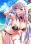  1girl arm_strap armpits ass_visible_through_thighs azur_lane bangs bare_shoulders beach belfast_(azur_lane) bikini black_bikini black_neckwear blue_eyes blue_sky blush bracelet braid breasts cleavage closed_mouth cloud collarbone commentary_request covered_nipples cowboy_shot day detached_collar eyebrows_visible_through_hair french_braid groin jewelry large_breasts leaning_forward long_hair looking_at_viewer navel neck_ribbon ocean outdoors pontaro18 ribbon rock side-tie_bikini sidelocks silver_hair skindentation sky smile standing stomach sweat swept_bangs swimsuit thigh_strap 