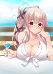  1girl absurdres bikini blue_sky breasts cleavage cloud cocktail cocktail_glass cup day drinking_glass front-tie_bikini front-tie_top hair_flaps hair_ribbon highres holding holding_cup kantai_collection large_breasts long_hair outdoors pink_hair ponytail ribbon ruin_re_birth sky solo swimsuit very_long_hair white_bikini yellow_eyes yura_(kancolle) 