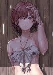  1girl absurdres adjusting_hair bikini breasts brown_hair chestnut_mouth collarbone floral_print front-tie_bikini front-tie_top highres higuchi_madoka idolmaster idolmaster_shiny_colors kaede_(harutan109) looking_at_viewer medium_breasts mole mole_under_eye nail_polish necktie purple_eyes shadow short_hair solo swimsuit upper_body wet wet_clothes wet_hair wet_swimsuit wooden_wall 