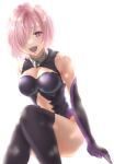  1girl bangs bare_shoulders black_legwear black_leotard blush breasts cleavage cleavage_cutout clothing_cutout collar elbow_gloves fate/grand_order fate_(series) gloves hair_over_one_eye highleg highleg_leotard large_breasts leotard light_purple_hair looking_at_viewer mash_kyrielight metal_collar navel_cutout open_mouth purple_eyes purple_gloves rei_(happily-blue-butterfly) short_hair sitting smile solo thighhighs thighs 