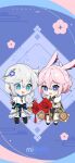  2girls :d animal_ears bangs blue_eyes blue_flower braid braided_ponytail chibi china_dress chinese_clothes chinese_new_year dress flower fox_ears full_body hair_between_eyes hair_flower hair_ornament highres holding holding_brush honkai_(series) honkai_impact_3rd kallen_kaslana multiple_girls official_art open_mouth pink_hair purple_eyes smile standing white_dress white_hair yae_kasumi yae_sakura yae_sakura_(darkbolt_jonin) 