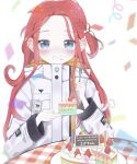  1girl blue_archive blue_eyes blush cake commentary_request confetti ears food forehead happy_birthday highres long_hair plate red_hair simple_background smile solo table white_background yuzu_(blue_archive) 
