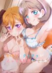  2girls armpits bangs blue_eyes blush bra breasts cleavage collarbone commentary_request double_v embarrassed grey_hair kitahara_tomoe_(kitahara_koubou) love_live! love_live!_superstar!! medium_breasts medium_hair multiple_girls orange_hair panties pink_bra pink_panties purple_eyes shibuya_kanon short_hair tang_keke tongue tongue_out translation_request underwear v white_bra white_panties 