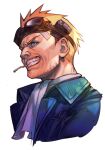  1boy bandaid bandaid_on_face blonde_hair blue_eyes blue_jacket cid_highwind cigarette cropped_torso facial_hair final_fantasy final_fantasy_vii goggles goggles_on_head hungry_clicker jacket male_focus portrait short_hair simple_background solo stubble teeth_hold white_background 