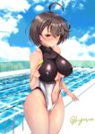  1girl adapted_costume ahoge azur_lane baltimore_(azur_lane) bangs bare_shoulders black_swimsuit blue_sky blurry blurry_background blush braid breasts brown_hair center_opening chain-link_fence closed_mouth clothing_cutout cloud collarbone commentary_request covered_collarbone covered_nipples cowboy_shot day eyebrows_visible_through_hair fence french_braid groin hair_between_eyes hand_up highres kuga_zankurou large_breasts looking_at_viewer navel outdoors partial_commentary pool poolside short_hair sidelocks sky smile solo standing stomach_cutout swimsuit twitter_username two-tone_swimsuit underboob underboob_cutout water wet wet_clothes wet_swimsuit white_swimsuit wide_hips yellow_eyes 
