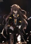  1girl absurdres bangs brown_hair city_lights clothes_writing commentary commentary_request english_commentary eyebrows_visible_through_hair floating_hair from_side girls&#039;_frontline gloves gun h&amp;k_ump h&amp;k_ump45 hair_between_eyes hair_ornament head_tilt headgear heckler_&amp;_koch highres holding holding_gun holding_weapon jacket long_hair looking_at_viewer mod3_(girls&#039;_frontline) nekoya_(liu) night one_eye_closed one_side_up outdoors parted_lips partial_commentary prosthesis prosthetic_arm rain scar scar_across_eye submachine_gun ump45_(girls&#039;_frontline) weapon wind wind_lift yellow_eyes 