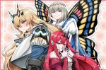  1boy 2girls armor bangs bare_shoulders blonde_hair blush breastplate breasts butterfly_wings center_frills circlet detached_collar detached_sleeves dress earrings fairy fairy_knight_gawain_(fate) fairy_knight_tristan_(fate) fate/grand_order fate_(series) frills gauntlets green_eyes grey_eyes grin highres horns jewelry kanno_takanori large_breasts long_hair looking_at_viewer medium_breasts multiple_girls oberon_(fate) pauldrons pink_hair pointy_ears red_dress short_hair shoulder_armor sidelocks smile wings 
