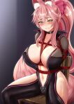  1girl animal_ear_fluff animal_ears bangs bdsm black_bodysuit blush bodysuit bondage bound breasts chair clenched_teeth commentary covered_nipples eyebrows_visible_through_hair fate/grand_order fate_(series) fox_ears fox_tail hair_ribbon hexelica hip_vent koyanskaya_(fate) large_breasts long_hair navel pink_hair plunging_neckline red_ribbon restrained ribbon shibari shiny shiny_clothes sitting solo tail tamamo_(fate) teeth yellow_eyes 
