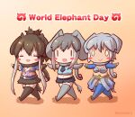  0_0 3girls african_elephant_(kemono_friends) animal_ears bikini blush_stickers brown_hair chibi closed_mouth coroha cropped_shirt detached_sleeves elbow_gloves elephant_ears elephant_girl elephant_tail english_text full_body gloves grey_hair holding holding_weapon indian_elephant_(kemono_friends) japari_symbol kemono_friends mammoth_(kemono_friends) midriff multicolored_hair multiple_girls navel necktie open_mouth outstretched_arms scarf shirt shorts side-by-side skirt sleeveless sleeveless_shirt smile spread_arms stomach swimsuit tail tan thighhighs twitter_username two-tone_hair walking weapon white_hair zettai_ryouiki |_| 