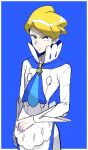  1boy apron ascot bangs blonde_hair blue_background blue_eyes blue_neckwear border closed_mouth commentary_request elite_four high_collar highres long_sleeves looking_at_viewer male_focus mikanbako_(aitatadon3) outside_border pants pokemon pokemon_(game) pokemon_xy shirt short_hair siebold_(pokemon) simple_background solo white_border white_pants white_shirt 