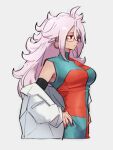  1girl android_21 breasts checkered checkered_dress dragon_ball dragon_ball_fighterz dress earrings glasses grey_background hair_between_eyes hoop_earrings jewelry kemachiku labcoat large_breasts long_hair looking_away majin_android_21 pink_hair red_eyes simple_background solo 