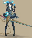  1girl alice_(sinoalice) asymmetrical_gloves bangs black_footwear blue_dress blue_flower blue_gloves blue_hair blue_legwear blue_rose breasts brown_background cleavage closed_mouth dress flower full_body gloves hair_between_eyes headband highres holding holding_flower holding_sword holding_weapon looking_at_viewer mayu-mayu1026 red_eyes rose shoes short_hair short_sleeves simple_background sinoalice solo sword uneven_gloves weapon 