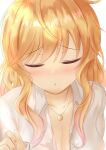  1girl blonde_hair blush breasts cleavage close-up closed_eyes closed_mouth facing_viewer highres idolmaster idolmaster_cinderella_girls incoming_kiss jewelry long_hair necklace ohtsuki_yui open_clothes open_shirt pov shirt simple_background solo temichama upper_body wavy_hair white_background white_shirt 