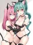  2girls ahoge animal_ears aqua_hair arm_strap bare_shoulders bell black_bra black_choker black_gloves black_legwear black_panties bow bra breasts cat_cutout cat_ears cat_lingerie cat_tail choker cleavage cleavage_cutout clothing_cutout collarbone cowboy_shot extra_ears gloves hair_bow halterneck highres jingle_bell kemonomimi_mode kotatsu_(kotatsu358) large_breasts long_hair looking_at_viewer medium_breasts meme_attire mole mole_under_eye momochi_ayame multiple_girls navel neet_de_otaku_na_kunoichi_to_naze_ka_dousei_hajimemashita panties parted_lips pink_hair ponytail purple_eyes red_eyes shizuri_(neet_de_otaku_na_kunoichi_to_naze_ka_dousei_hajimemashita) side-tie_panties stomach strap_gap string_bra tail thighhighs thighs underwear underwear_only very_long_hair wavy_hair 