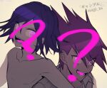  2boys ? bangs collarbone commentary_request danganronpa_(series) danganronpa_v3:_killing_harmony facial_hair fangs glowing glowing_eyes goatee looking_at_viewer male_focus momota_kaito multiple_boys nagi_to_(kennkenn) nude open_mouth ouma_kokichi pink_eyes purple_eyes shirt short_hair simple_background spiked_hair spoilers tongue twitter_username upper_body 