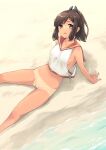  1girl arm_support bangs bar_censor bare_arms bare_shoulders beach blush bottomless breasts brown_eyes brown_hair censored day eyebrows_visible_through_hair feet_out_of_frame from_above highres i-401_(kancolle) kantai_collection leaning_back looking_at_viewer looking_up makita_yoshiharu navel on_ground open_mouth orange_sailor_collar outdoors ponytail pussy sailor_collar sand shirt short_hair sideboob sitting sleeveless sleeveless_shirt small_breasts solo swept_bangs tan tanlines water white_shirt 