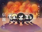  5girls black_footwear chibi crossed_arms enjin_(idolmaster) explosion fujimoto_rina highres idolmaster idolmaster_cinderella_girls kimura_natsuki leaning_forward looking_at_viewer matsunaga_ryou mugicha_(mugimugi_6) mukai_takumi multiple_girls parody pleated_skirt powerpuff_girls shadow shorts skirt smile toon_(style) translation_request yamato_aki 