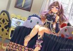  1girl absurdres anya_melfissa bangs barefoot blonde_hair brown_hair detached_sleeves dress feet hair_ornament highres hololive hololive_indonesia huge_filesize long_hair multicolored_hair open_mouth purple_eyes reveon soles solo toes two_side_up virtual_youtuber wavy_hair windows 