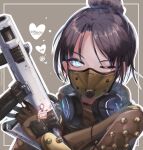  1girl absurdres airship_assassin_wraith animification apex_legends bangs blue_eyes brown_background brown_bodysuit brown_gloves gloves gun hair_bun headphones headphones_around_neck headset_removed heart highres holding holding_gun holding_weapon kagamitsuka mask mouth_mask one_eye_closed parted_bangs r-99_smg solo submachine_gun weapon wraith_(apex_legends) 