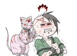  1boy abomination_(darkest_dungeon) affliction_(darkest_dungeon) alternate_costume anger_vein biting cat chain chained darkest_dungeon green_shirt hood licking lip_biting shirt short_hair trembling varamill 