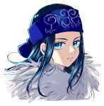 1girl ainu ainu_clothes asirpa black_hair blue_bandana blue_eyes closed_mouth earrings golden_kamuy highres hoop_earrings jewelry long_hair looking_at_viewer signature simple_background sofra solo twitter_username white_background 