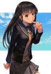  1girl amagami arm_behind_back ayatsuji_tsukasa black_hair blue_sky blush brown_eyes brown_sweater cloud finger_to_mouth hungry_clicker jacket letterboxed long_hair looking_at_viewer necktie pleated_skirt school_uniform shirt skirt sky smile solo sweater white_shirt 