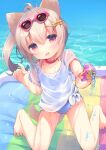  1girl :d animal_ears bangs bare_legs barefoot blue_swimsuit blush casual_one-piece_swimsuit collarbone day dog_ears dog_girl dog_tail eyebrows_visible_through_hair eyewear_on_head fang fingernails hair_between_eyes hands_up head_tilt heart heart-shaped_eyewear highres holding kneeling light_brown_hair long_hair looking_at_viewer ocean one-piece_swimsuit open_mouth original outdoors ponytail red_eyes shirt short_sleeves smile solo sunglasses swimsuit swimsuit_under_clothes tail tied_shirt usashiro_mani water water_gun white_shirt 