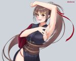  1girl absurdres arm_up armpits azur_lane bdhentai belt black_kimono breasts brown_hair covered_nipples dutch_angle grey_background highres japanese_clothes kimono large_breasts long_hair multiple_belts official_alternate_costume ponytail red_ribbon ribbon shoulder_strap side_slit sideboob simple_background solo spread_armpit steaming_body upper_body very_long_hair yellow_eyes zuikaku_(azur_lane) zuikaku_(festive_crane)_(azur_lane) 