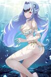 1girl absurdres alternate_costume android bikini blue_hair breasts cyborg forehead_protector highres kos-mos kos-mos_re: large_breasts red_eyes risumi_(taka-fallcherryblossom) solo swimsuit underwater xenoblade_chronicles_(series) xenoblade_chronicles_2 