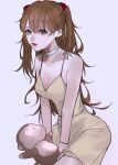  1girl bangs blue_eyes breasts brown_hair choker cleavage collarbone commentary dress grey_background hair_behind_ear highres long_hair mano_aaa neon_genesis_evangelion parted_lips sitting small_breasts solo souryuu_asuka_langley stuffed_monkey two_side_up white_choker yellow_dress 