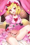  1girl bow clothes_lift dress dress_lift eru eyebrows_visible_through_hair food_print lambdadelta looking_at_viewer on_bed panties pink_headwear print_panties red_bow sitting sitting_on_bed solo strawberry_panties strawberry_print umineko_no_naku_koro_ni underwear 